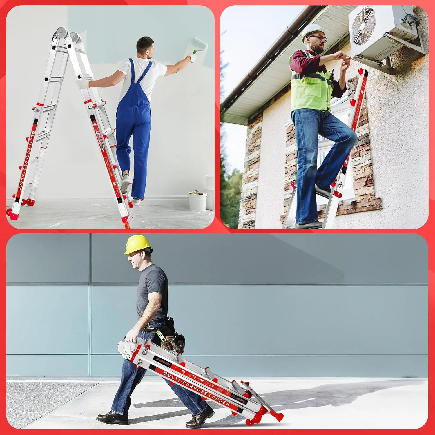 Ladder A Frame 4 Step Telescoping Ladder with Stabilizer Bar & Wheels, Heavy Duty Capacity,Collapsible Multi Position Ladder