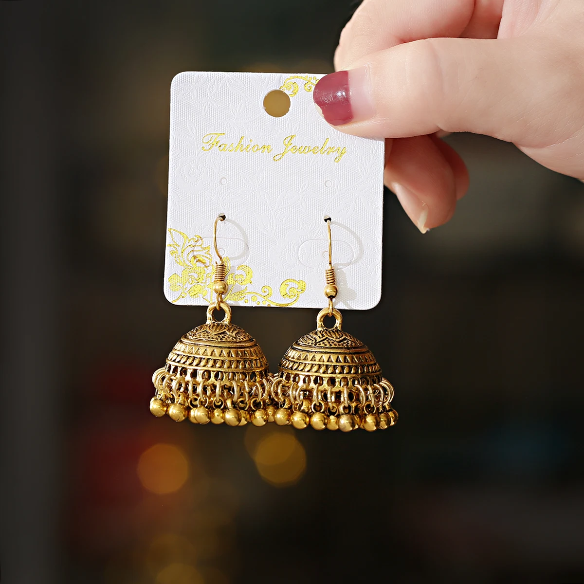 2023 Indian Jhumka Jewelry for Women Tassel Earrings Ethnic Retro Bollywood Oxidized Small Bell Tassel Carved Jhumki Dangle