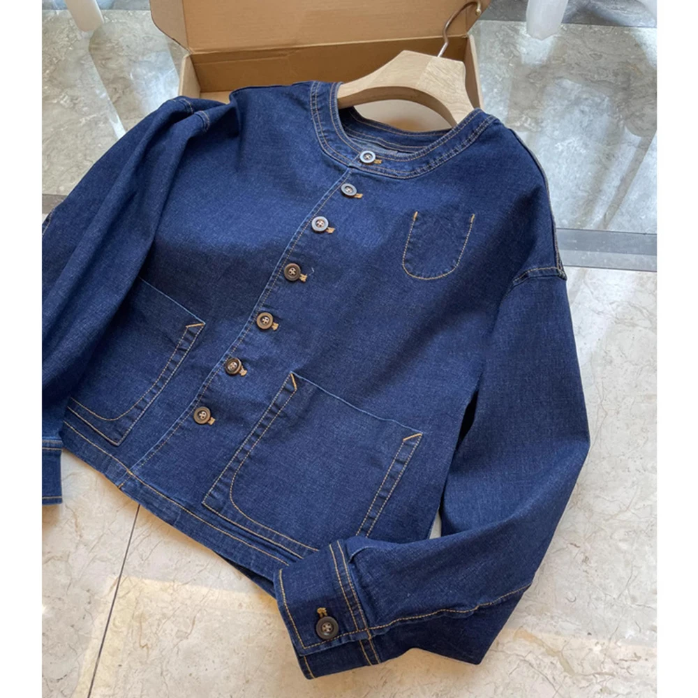 

Denim Short Coat for Women Retro Fashion Color Contrasting Threaded Large Pocket Spring Autumn Round Neck Single Breasted Jacket