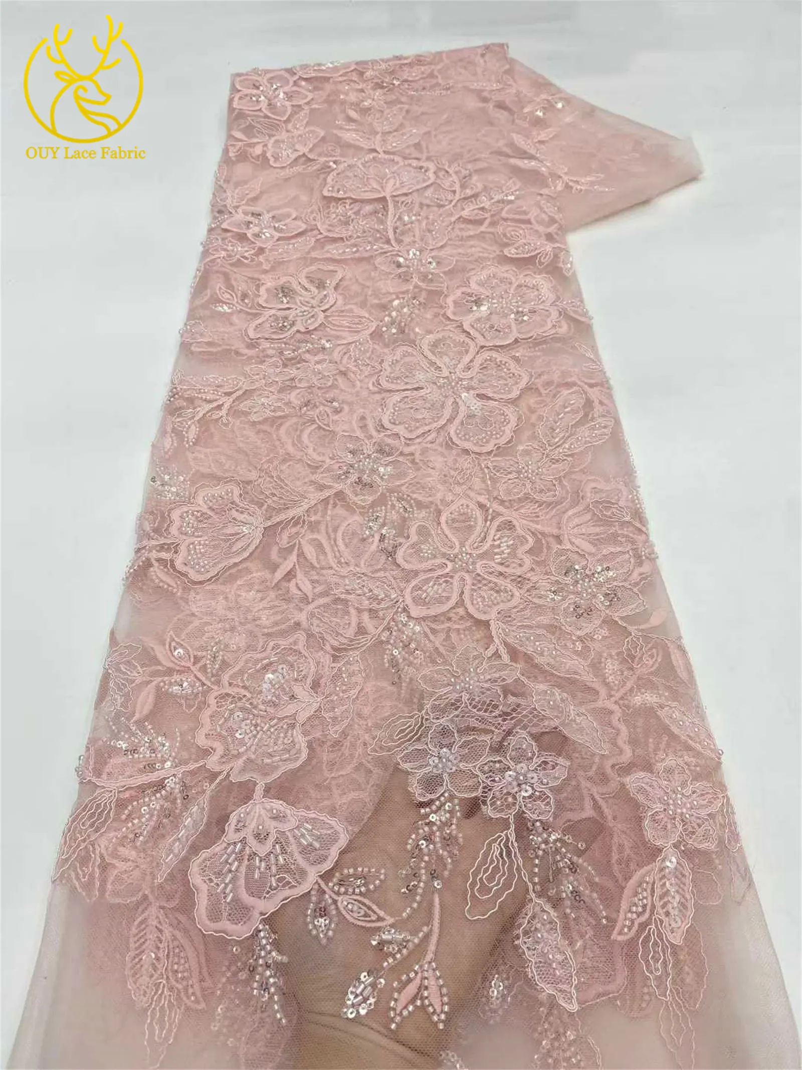 Damen Brautparty-Kleid Pailletten Tüll Bestickter Spitzenstoff 2026 Hochwertiger Nigerianischer Französischer Perlen-Spitzenstoff 5 Yards – Detail 9