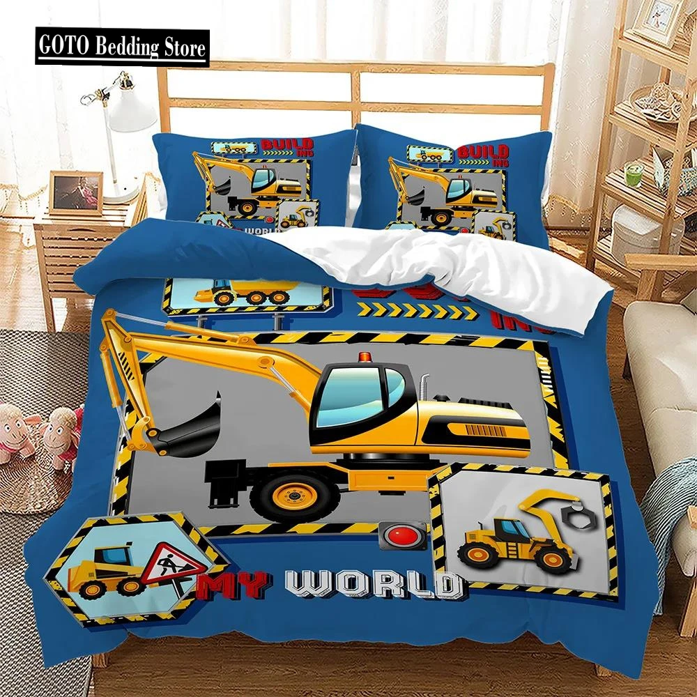 

Toy Car Construction Vehicle Excavator Boy Duvet Cover Set for Kids Single Aldult ,My World Bed Linen 2 People Bedroom Set Cover