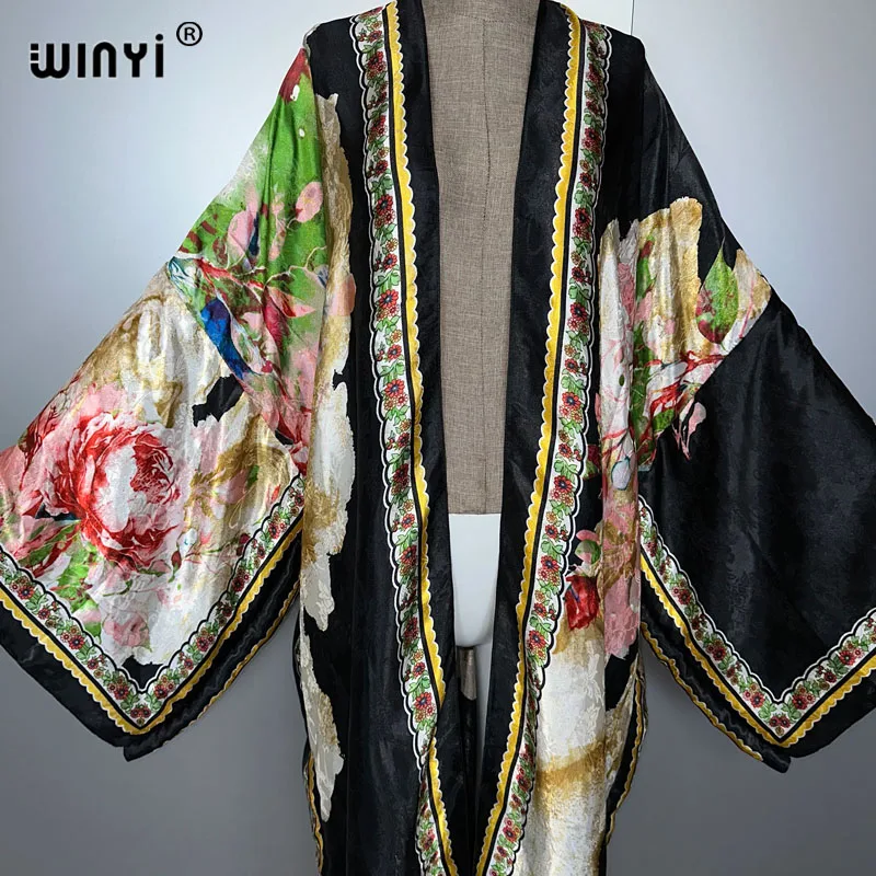 WINYI แฟชั่น boho พิมพ์ชุดกิโมโนชุดยาวผู้หญิงมุสลิม Cardigans ชุดชายหาด kaftan beach cover up party dress maxi coat