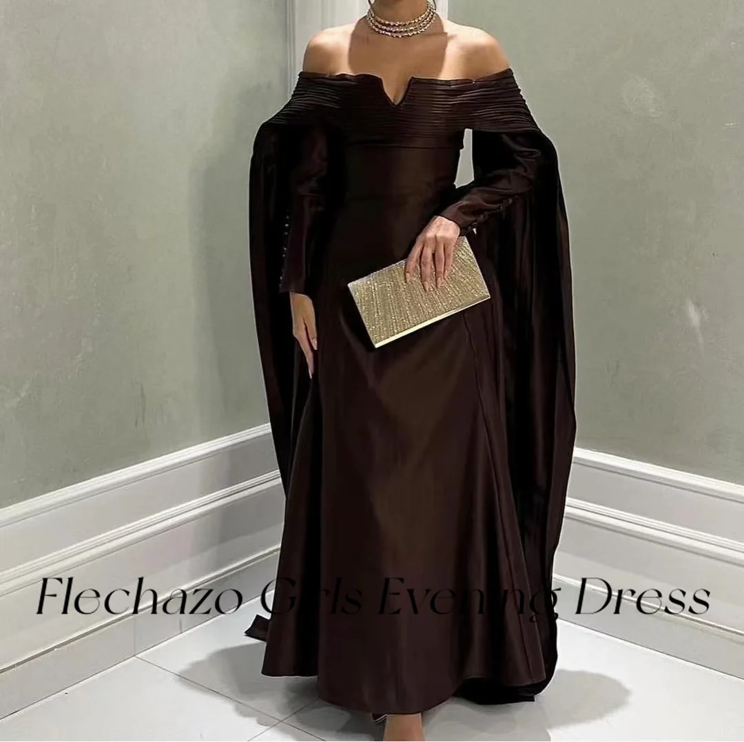 Flechazo Brown Prom Dresses Off Shoulder Pleated Floor-Length Full Sleeves Party Occasion Dress For Women 2024 فساتين السهرة