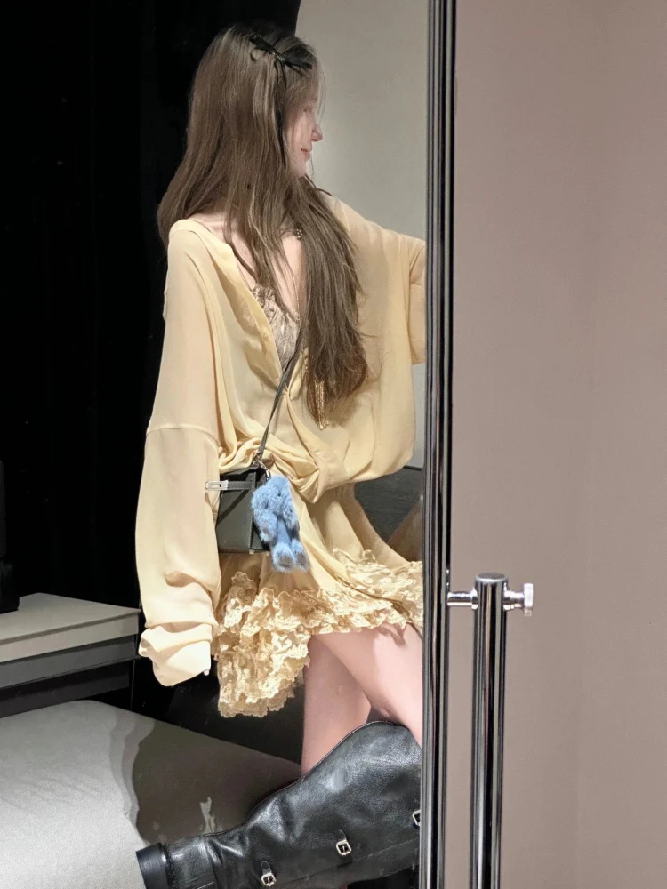 

Ретро-комплект из двух предметов: кружевное платье А-силуэта с V-образным вырезом и длинными рукавами, элегантная модная женская одежда, лето 2025