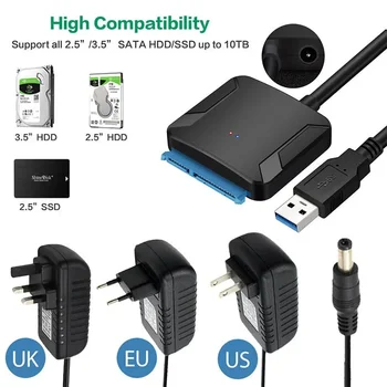 Adaptateur USB 3.0 vers SATA, câble SATA pour disque dur SSD HDD SATA III de 3.5/2.5 pouces, prise en charge UASP avec alimentation externe 12V/2A