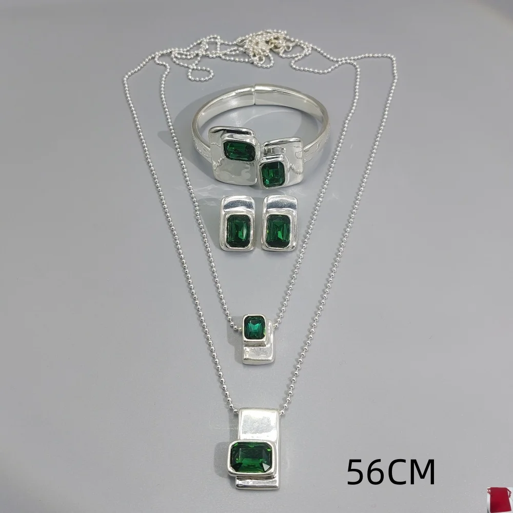 2026 Spain Gorgeous Fairy Wind Gold Silver Green Geometric Zircon Jewelry Three Piece Set Premium Gift