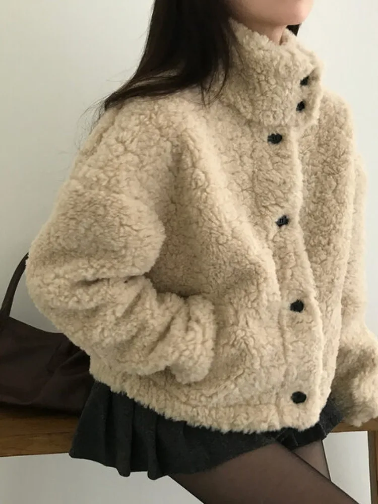 Chici الخريف الشتاء ort Thiened فرو الضأن Jaet الوقوف طوق الكورية Sle معطف المرأة للحرم الجامعي الشارع Sle السفر