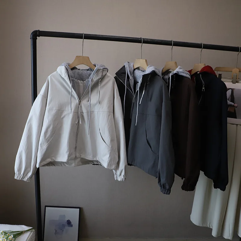 

Поддельные комплекты из 2 предметов, куртки с капюшоном для женщин, корейские ретро куртки контрастного цвета, весенне-осеннее повседневное модное пальто