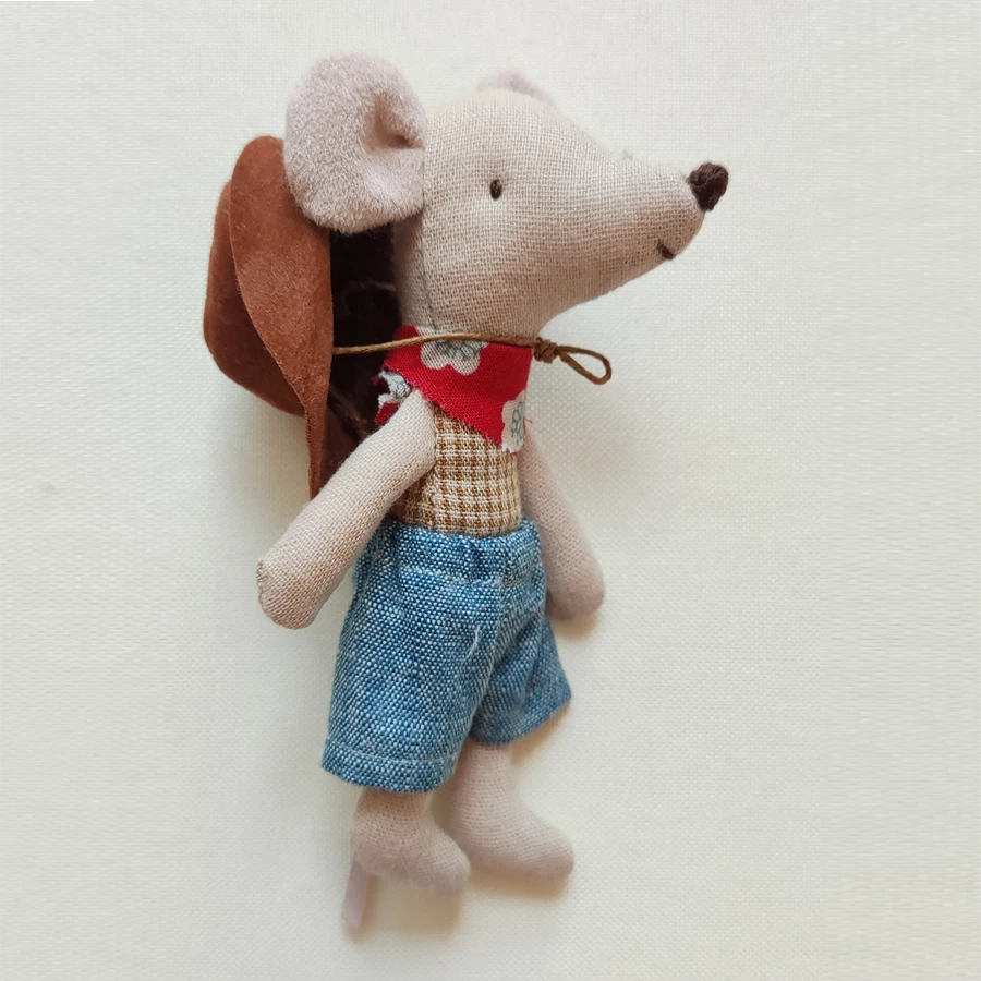 Tiny Cowboy Mouse Cloth Toy Kid's play mate Cute Cotton Linen Retro Little Mice Plushie with Hat Mini Stuffed Animal Pocket Doll