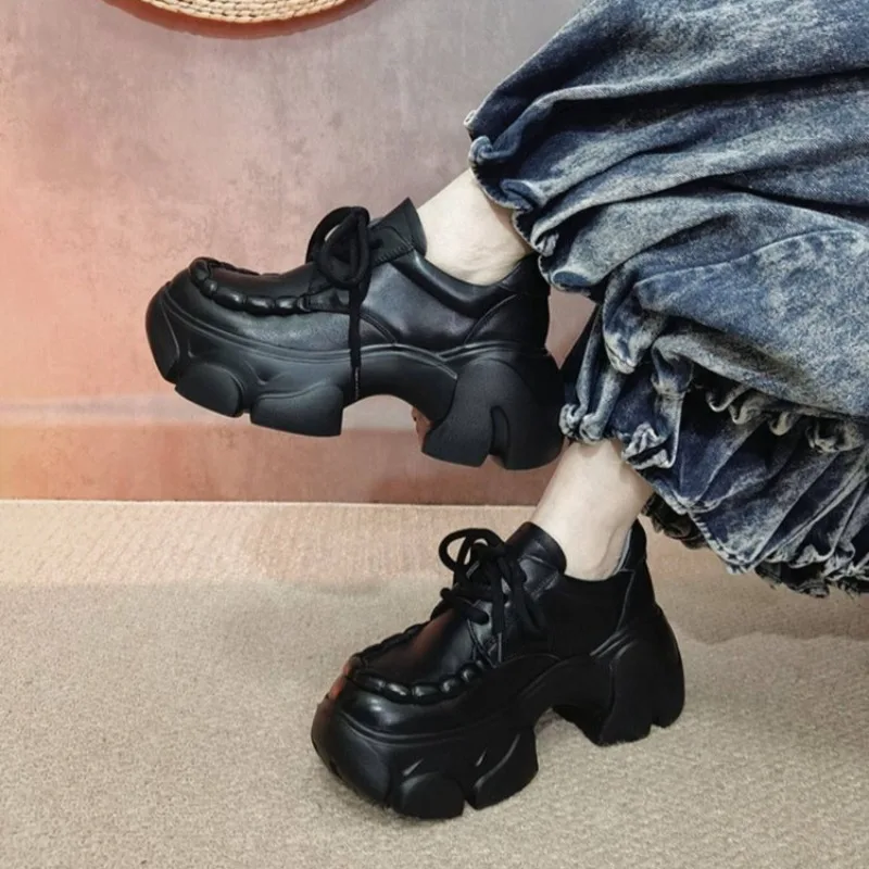 Chaussures décontractées pour femmes, style Oxford, à plateforme épaisse, bout rond, à lacets, en similicuir, avec embout distinctif, pour les sorties quotidiennes