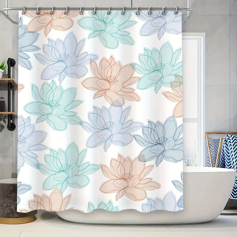 

Элегантный комплект занавесок для душа с принтом лотоса, современный сине-розовый цветочный дизайн для декора ванной комнаты, изготовлен из водонепроницаемой полиэфирной ткани с