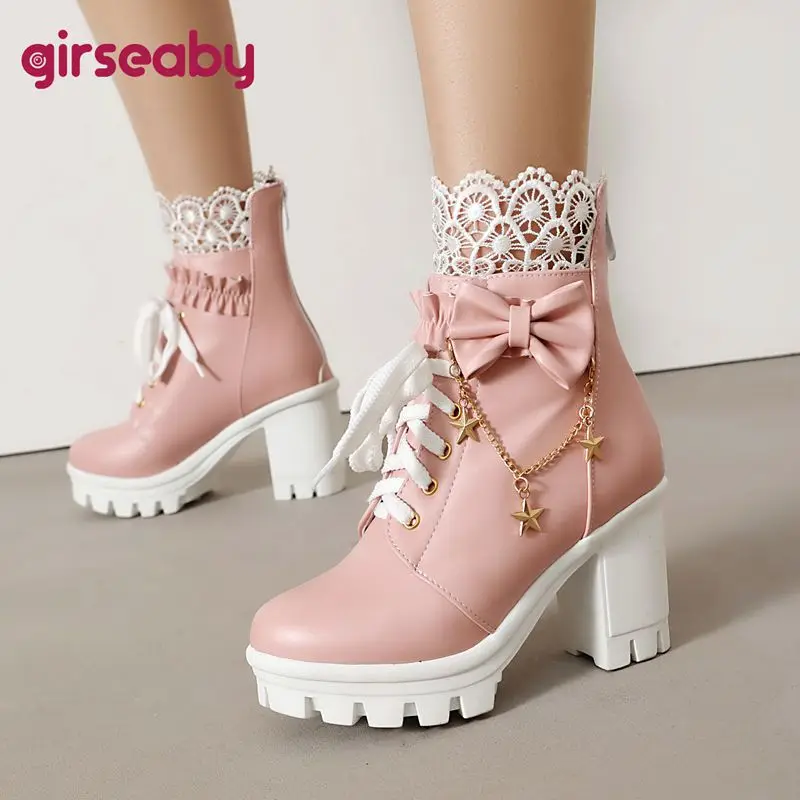 

Girseaby Retro Women Ankle Boots Round Toe 9.5cm High Heels 3cm Platform Zipper Lace Bowknot Extended Size 43 44 Booties Winter