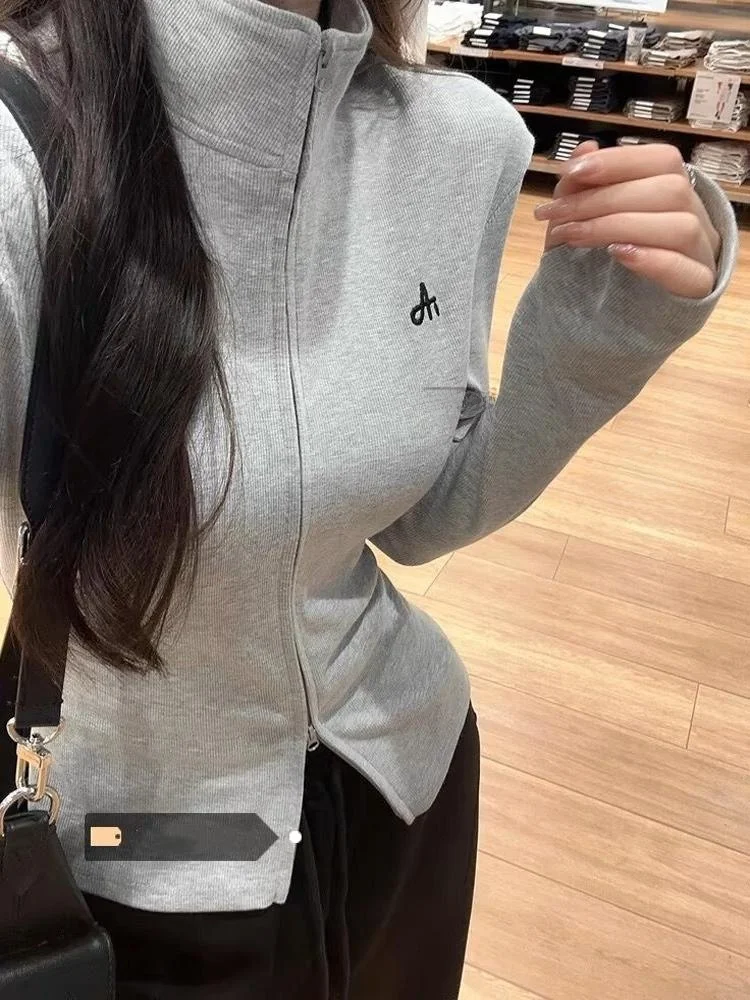 

Elegant Long Sleeve Embroidered Zipper Hoodie Women's Early Autumn New Style Korean Slimming Design Commute Wind Short Coat