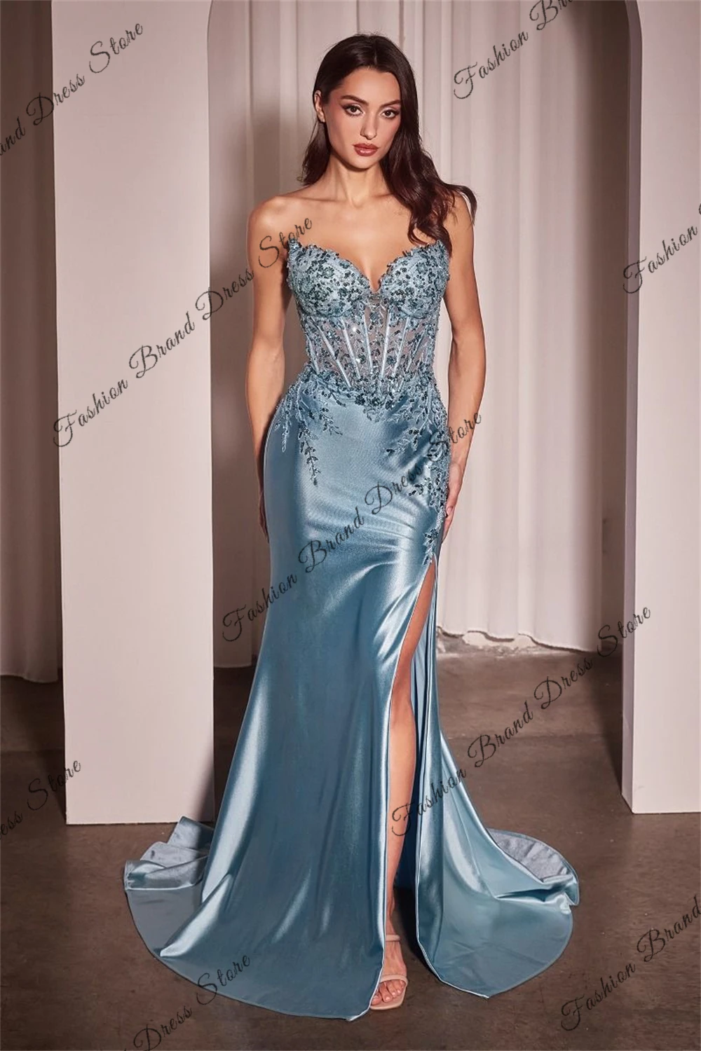 Satin Sweetheart Mermaid Prom Dresses With Split Sparkly Sequins Corset Lace Appliques Ball Gowns Sleeveless Long Evening Dress