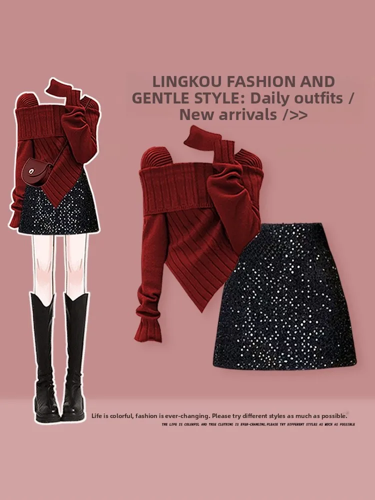 

Ele Autumn Winter Set Women's Anti-Aging New Year Robe Red Sweater Design Sensation Sequin ort Skirt Two-Piece Set