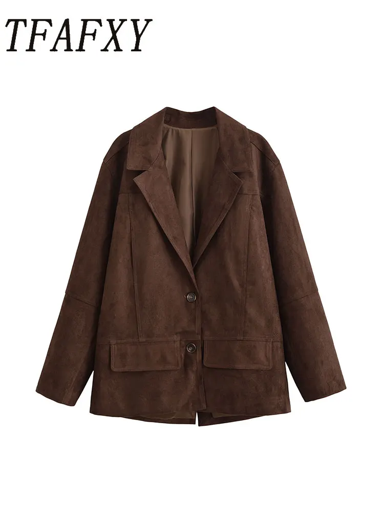 

TFAFXY Office Lady Chic Women Blazer Solid Pockets V-Neck Long Sleeve Single-breasted Blazer Fashion 2025 Autumn Outwears