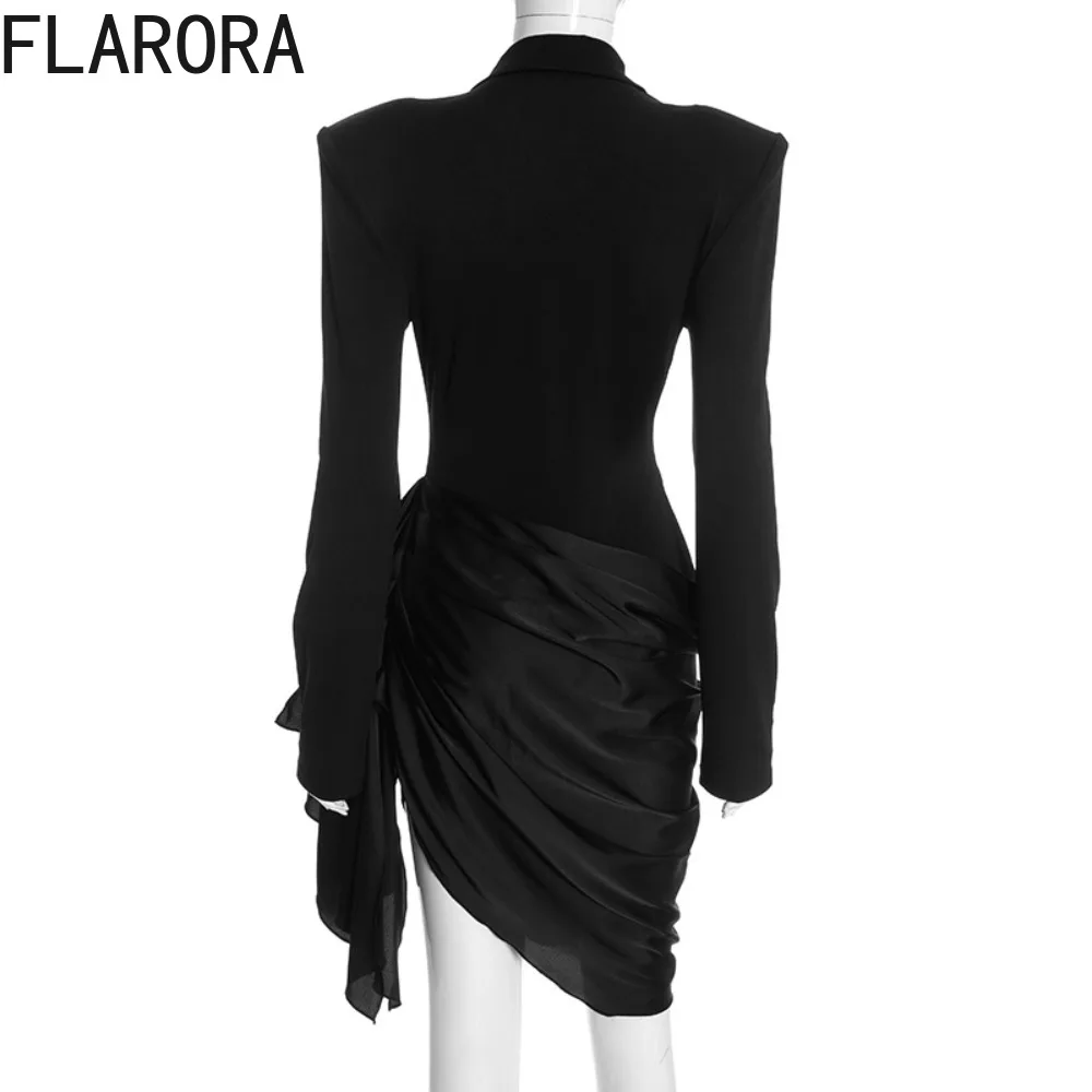 FLARORA Elegant Ruched Patchwork Mini Dress Woman Deep V Neck Full Sleeve Irregular Suit Dresses Office Lady Peach Hip Vestidos