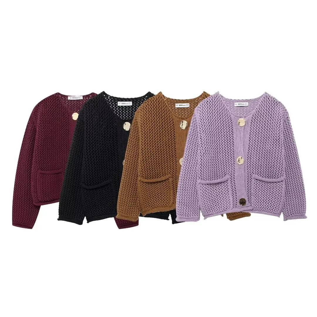 TRAF Autumn Winter Women Fashion Knitted Sweater With Pockets Vintage O-Neck Long Sleeves Female Chic Lady Multicolored Outfit