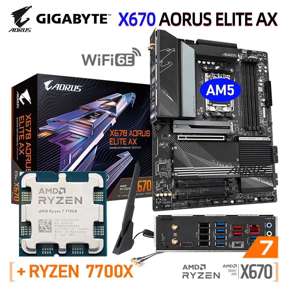 

AMD AM5 Socket RYZEN R7 7700X Kit GIGABYTE X670 AORUS ELITE AX Motherboard DDR5 Dual Channel 128G WiFi 6E Mainboard PCIe5.0 M.2