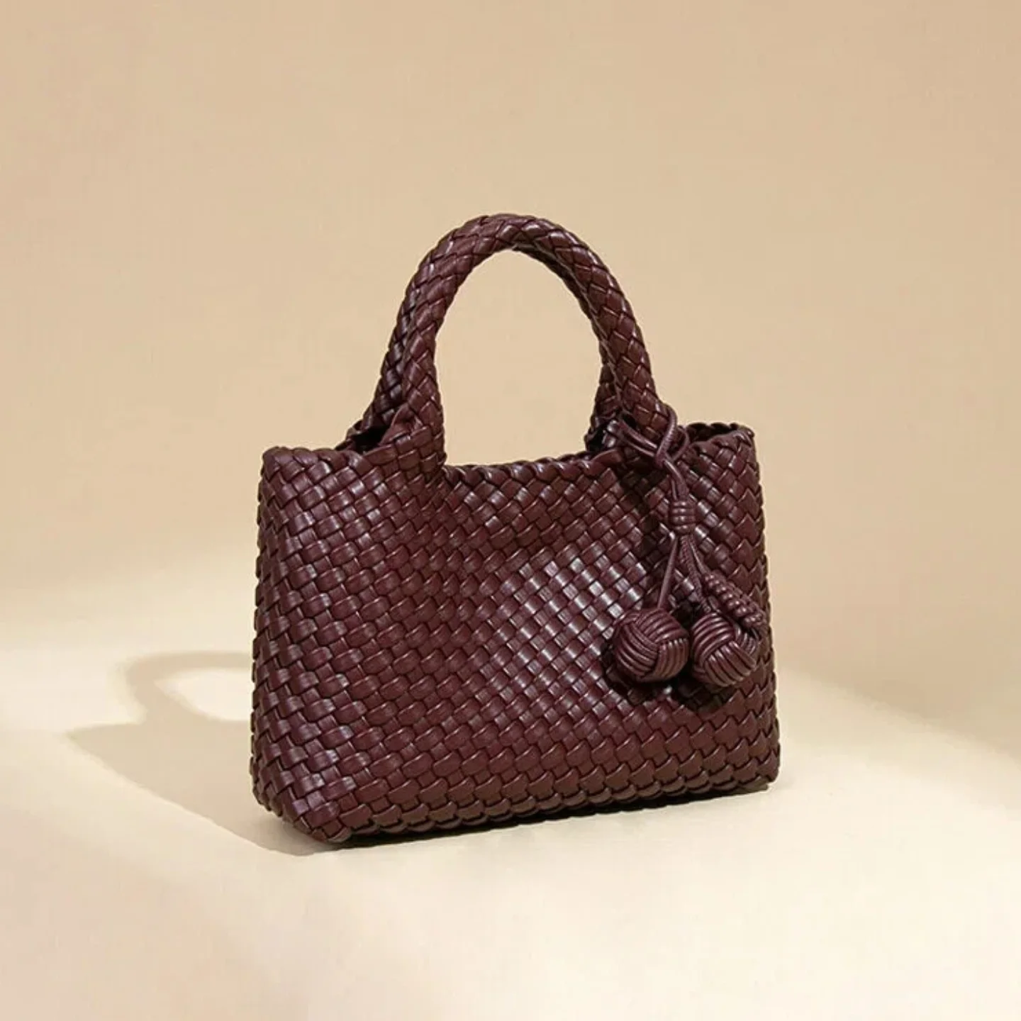 Woven Tote Bag Burgundy Top Handle Crossbody Shoulder Bag With Ball Pendant 2 Piece Handbag Set With Clutch For Women