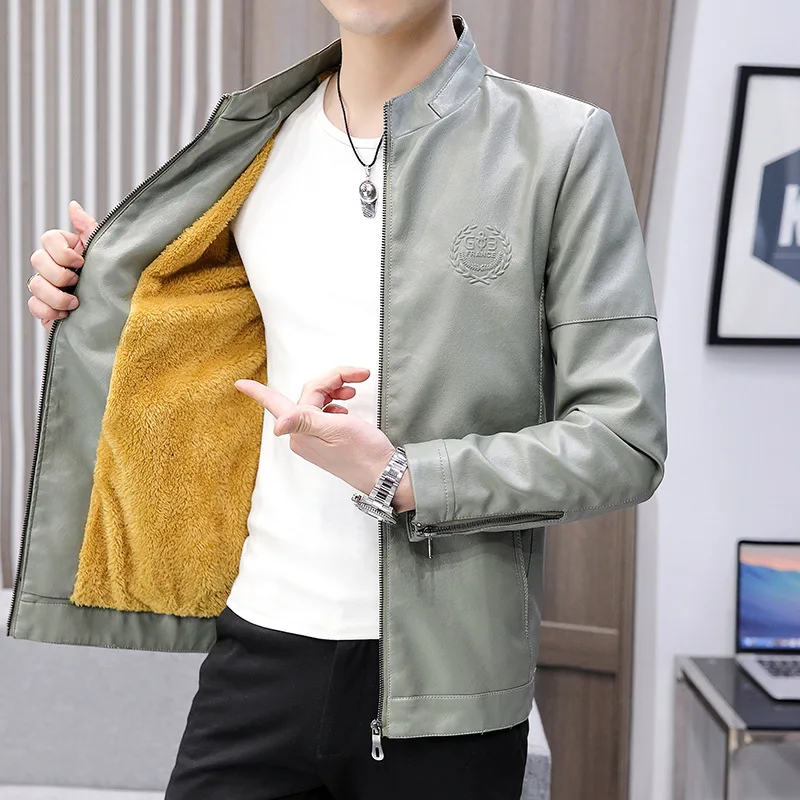 Men's Jacket with Added Velvet and Thickened Leather, Youth Stand Up Collar Casual PU Leather Coat Windproof with Fur