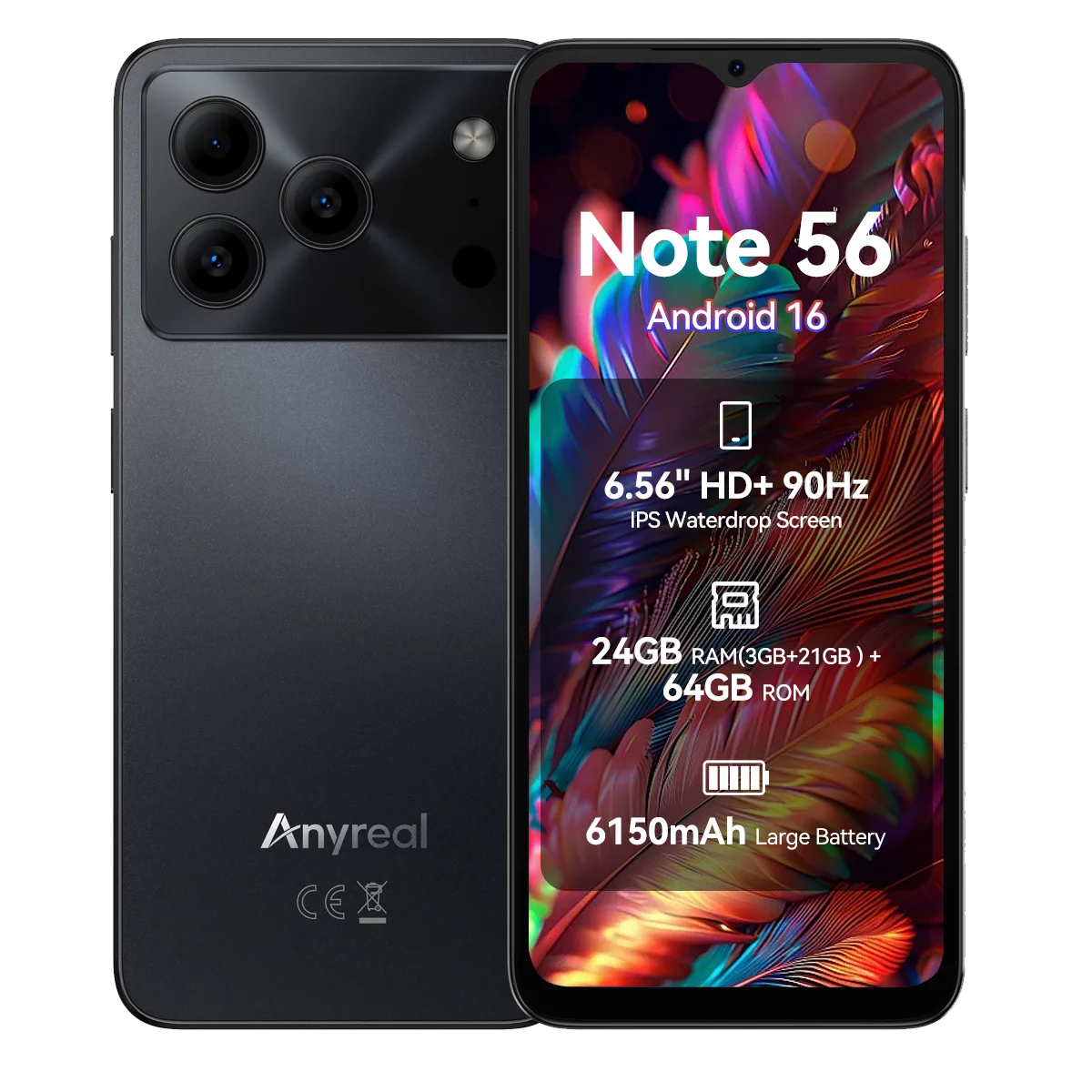 Smartfon DOOGEE Anyreal Note 56, system Android 16, 6,56-calowy ekran HD+ 90 Hz IPS z technologią „waterdrop”, duża bateria 6150 mAh, procesor UNISOC SC9863A Octa Core, 24 GB pamięci RAM (3 GB + 21 GB
