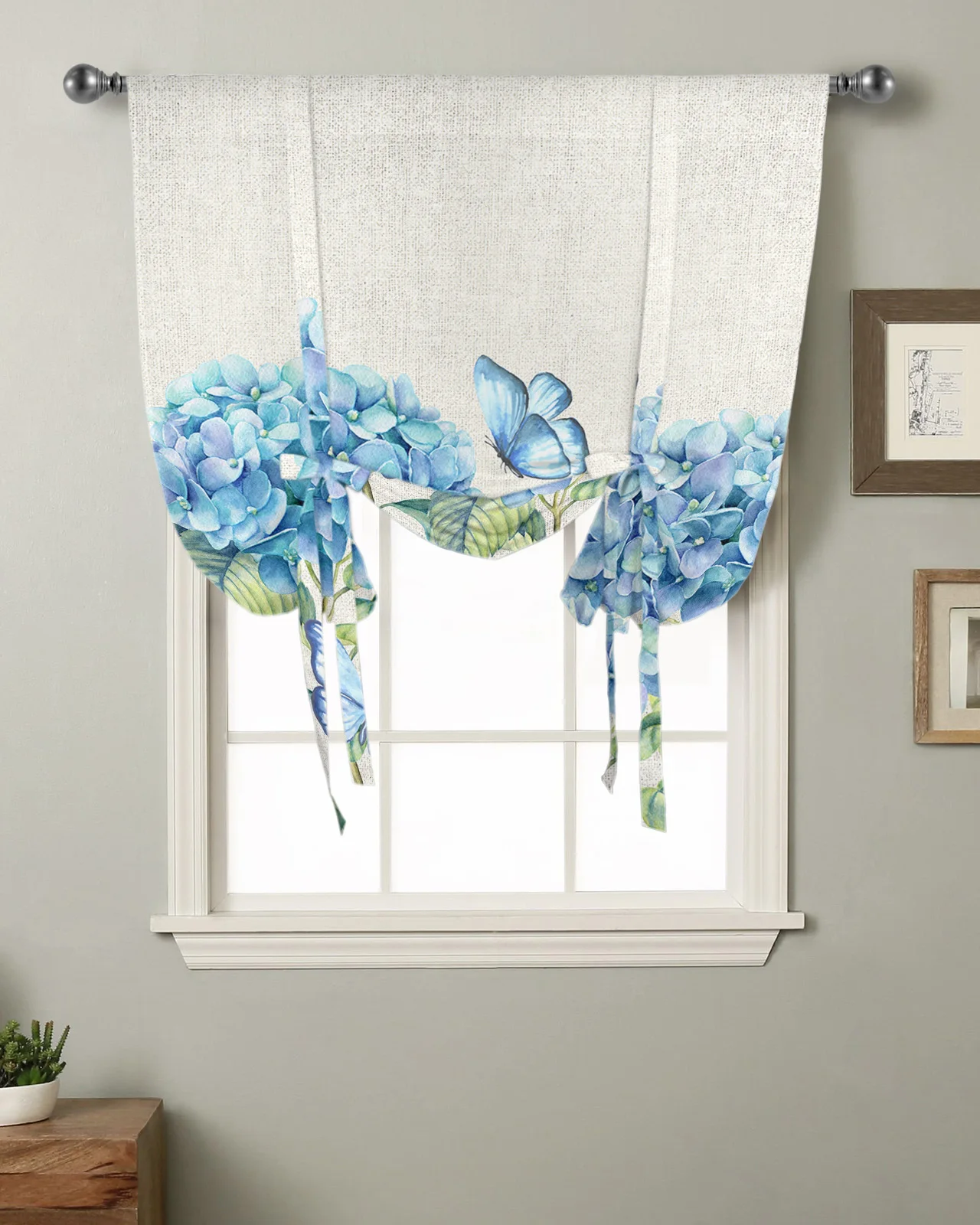 

Summer Flowers Hydrangeas Butterflies Kitchen Short Window Curtain Modern Home Decor Small Window Roman Tie Up Curtains