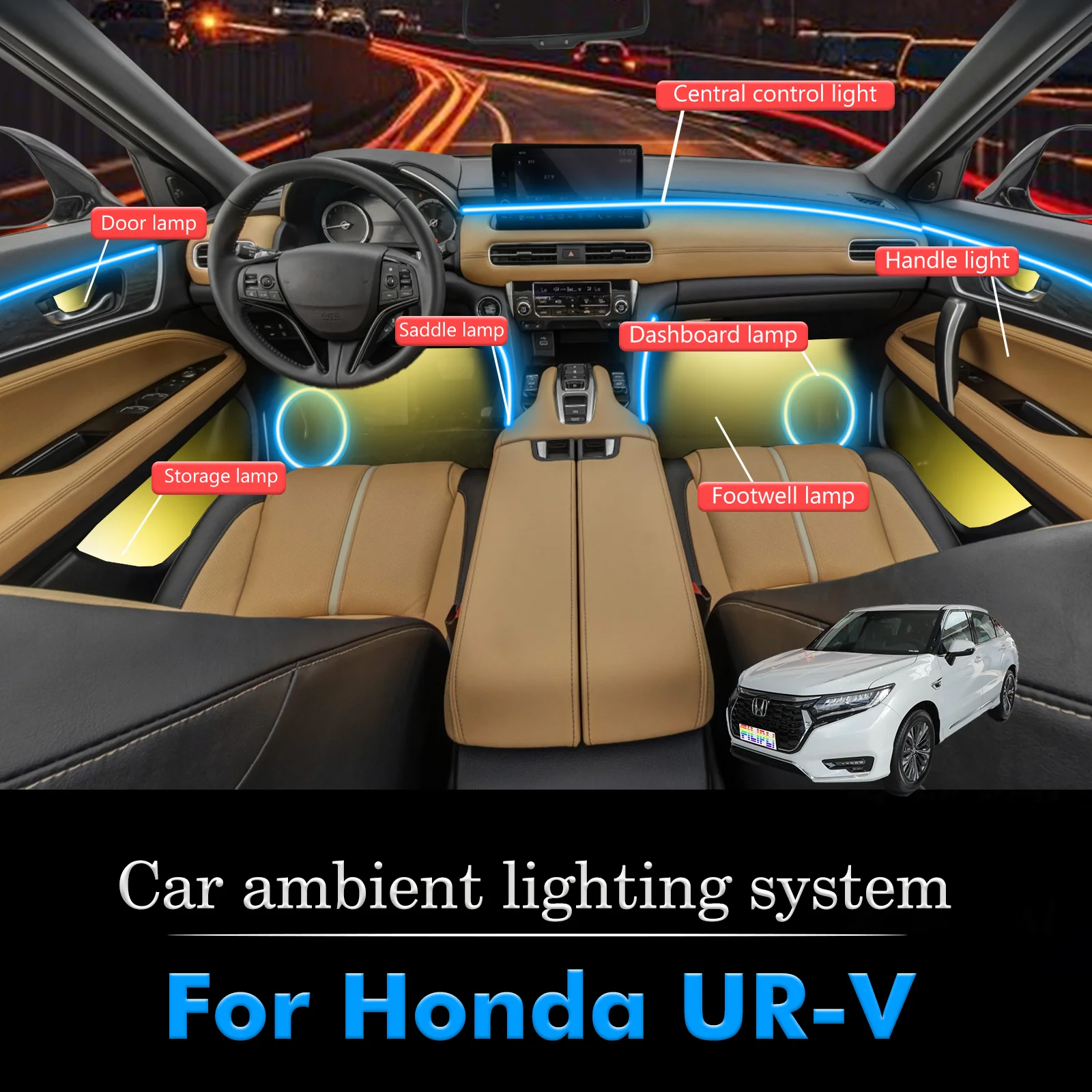 

For Honda UR-V RGB 64 Colors LED Smart Remote Control Car Interior Ambient Light Energy Saving Efficient Lamp Set