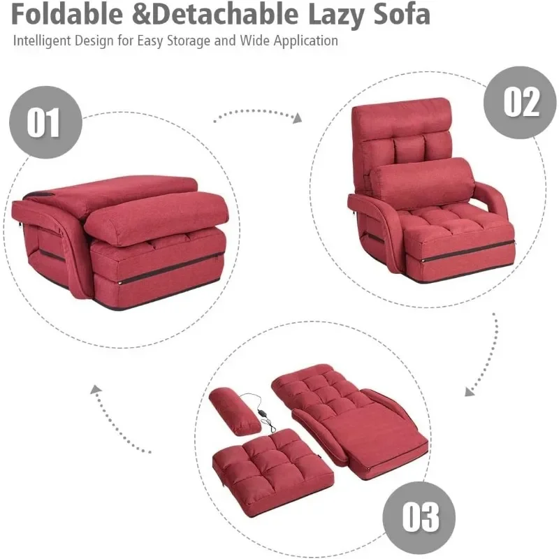 Silla de suelo de masaje ajustable, sofá perezoso plegable con respaldo ajustable de 5 posiciones, almohada Lumbar, reposabrazos