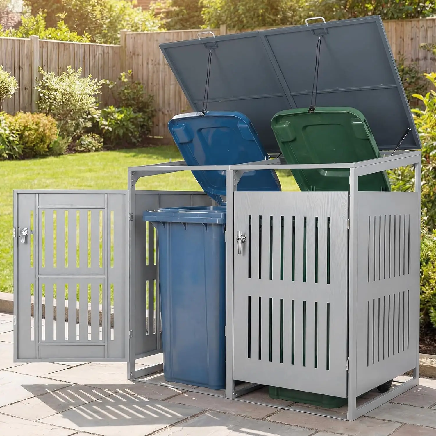 Outdoor Trash Storage 44 Cu.Ft 2 Lockable Doors Gas Struts Slant-roof Patio Backyard Garden 52