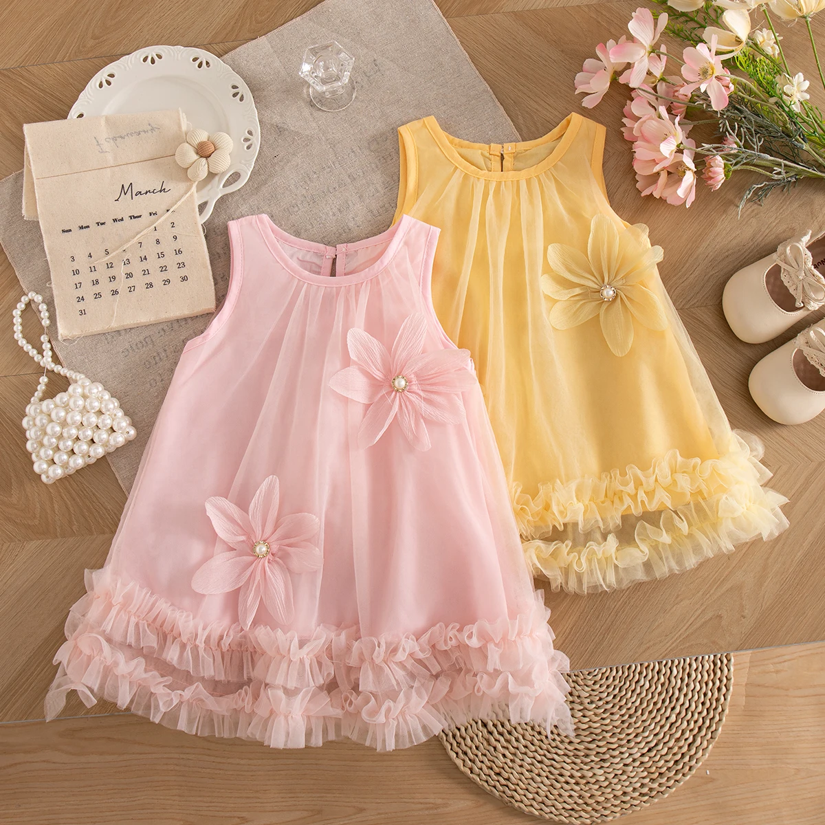 Girls Dresses Summer Floral Pattern Solid Color Halter Puffy Girl Kid's Dress Cute Birthday Celebration Baby Clothing