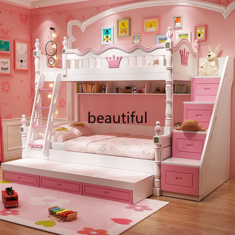 Children's furniture girl princess bed with slide  upper and lower  bunk combination