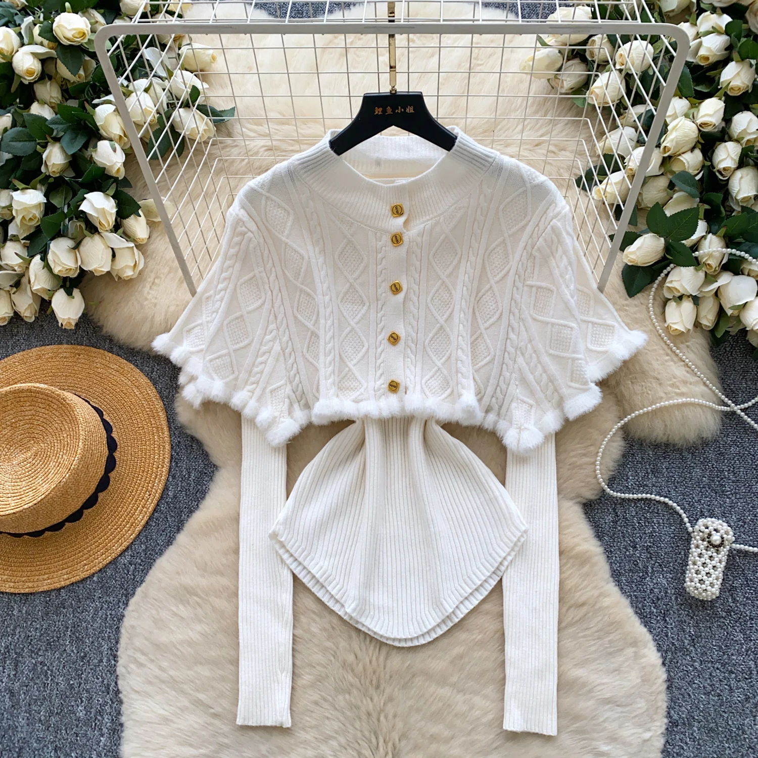 

Women Luxury Fashion 2pcs Knit Outfit Sets Lady Elegant Cloak Capes Shawl Coats Jackets Suit Female Senior Festival Winter Tops