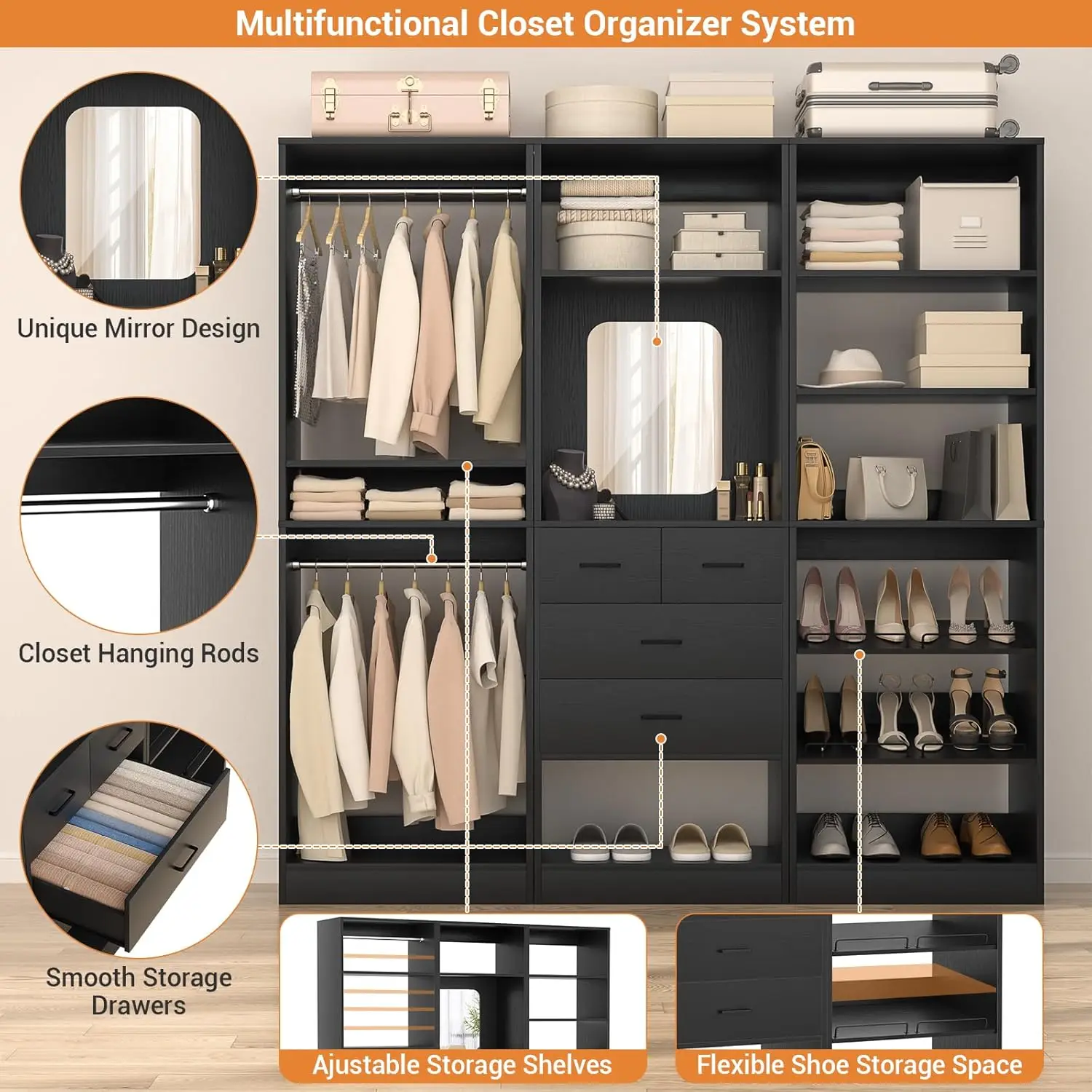 Unikito 75 Inch Closet Organizer System, Freestanding Closet Wardrobe With Hanging Rods And Drawers, Adjustable Shoe Storage