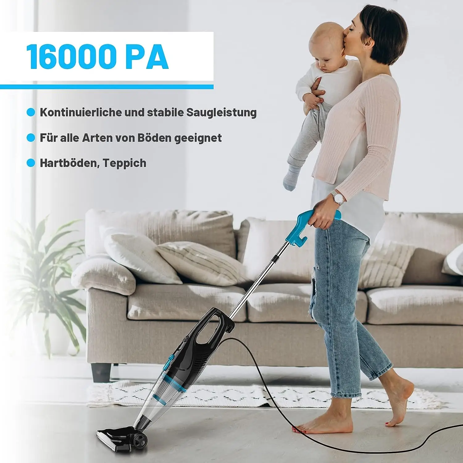 Aspiradora con cable para el hogar, aspiradora portátil multifuncional de mano con potencia de succión de 16000Pa para suelo duro de coche, alfombra