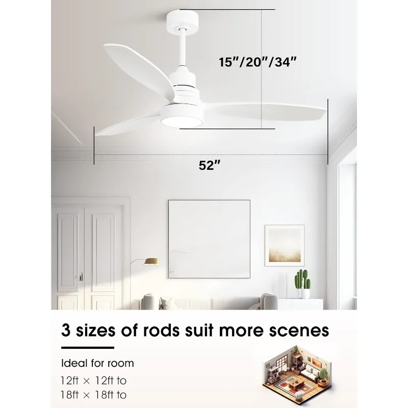 Sofucor 52" Ceiling Fan with Lights Remote Control, 3 Poles for Indoor Outdoor Ceiling Fan with Remote, Wood Ceiling Fan