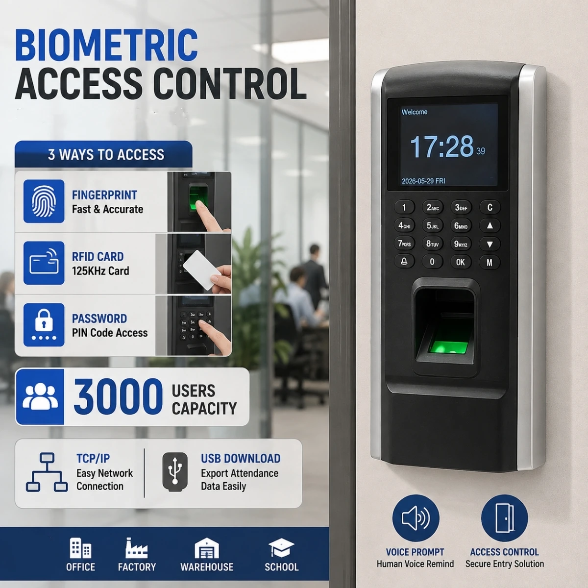 Fingerprint Access Controller Keypad Password TCP/IP USB Download 125KHz 13.56MHz Card Voice Prompt Access Control Kit