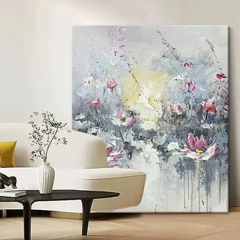 Lotus Hand Drawn Oil Painting, New Chinese Style, Living Room Sofa Background, Wall Hanging Painting, Dining Room Corridor Mural