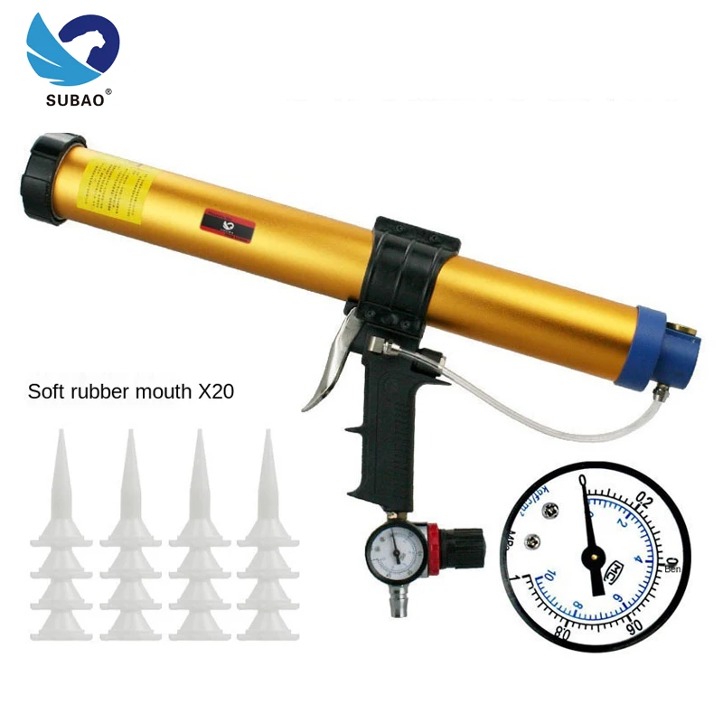 SUBAO 600ml pneumatic glass gun foam sealant tool pressure gun pressure adjustable, 20 rubber nozzle sleeves