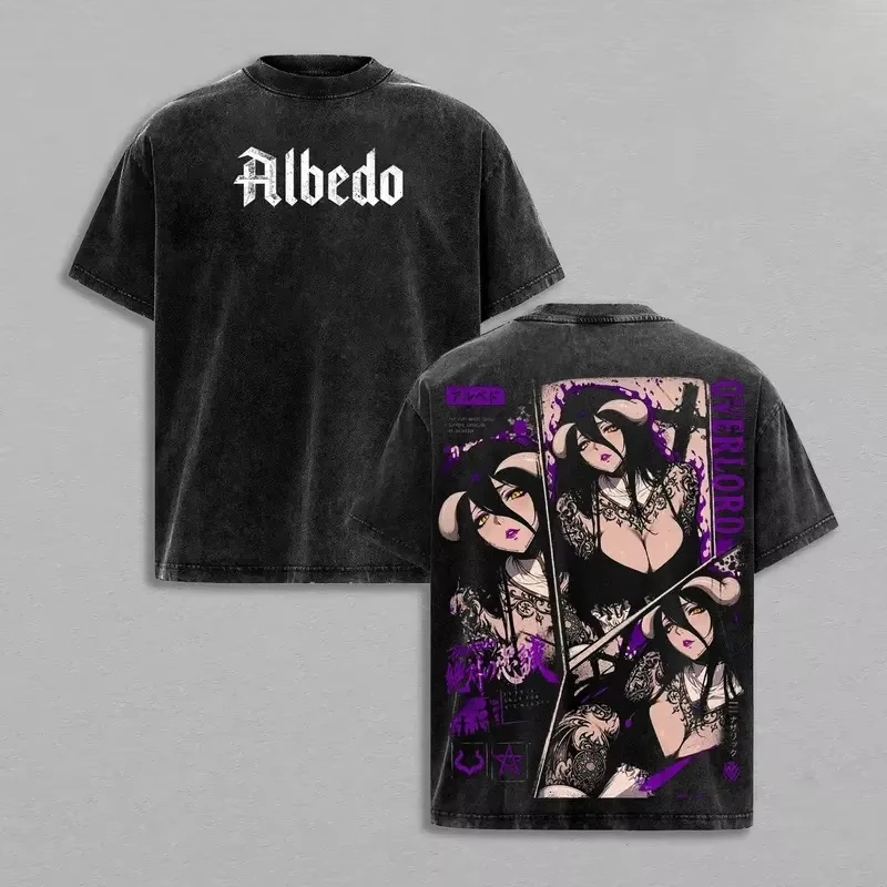 Camiseta Oversize de Algodón Y2K con Estampado de Doble Cara de Overlord Albedo 2026, Estilo Vintage Lavado, para Fans del Anime y Entusiastas Apasionados