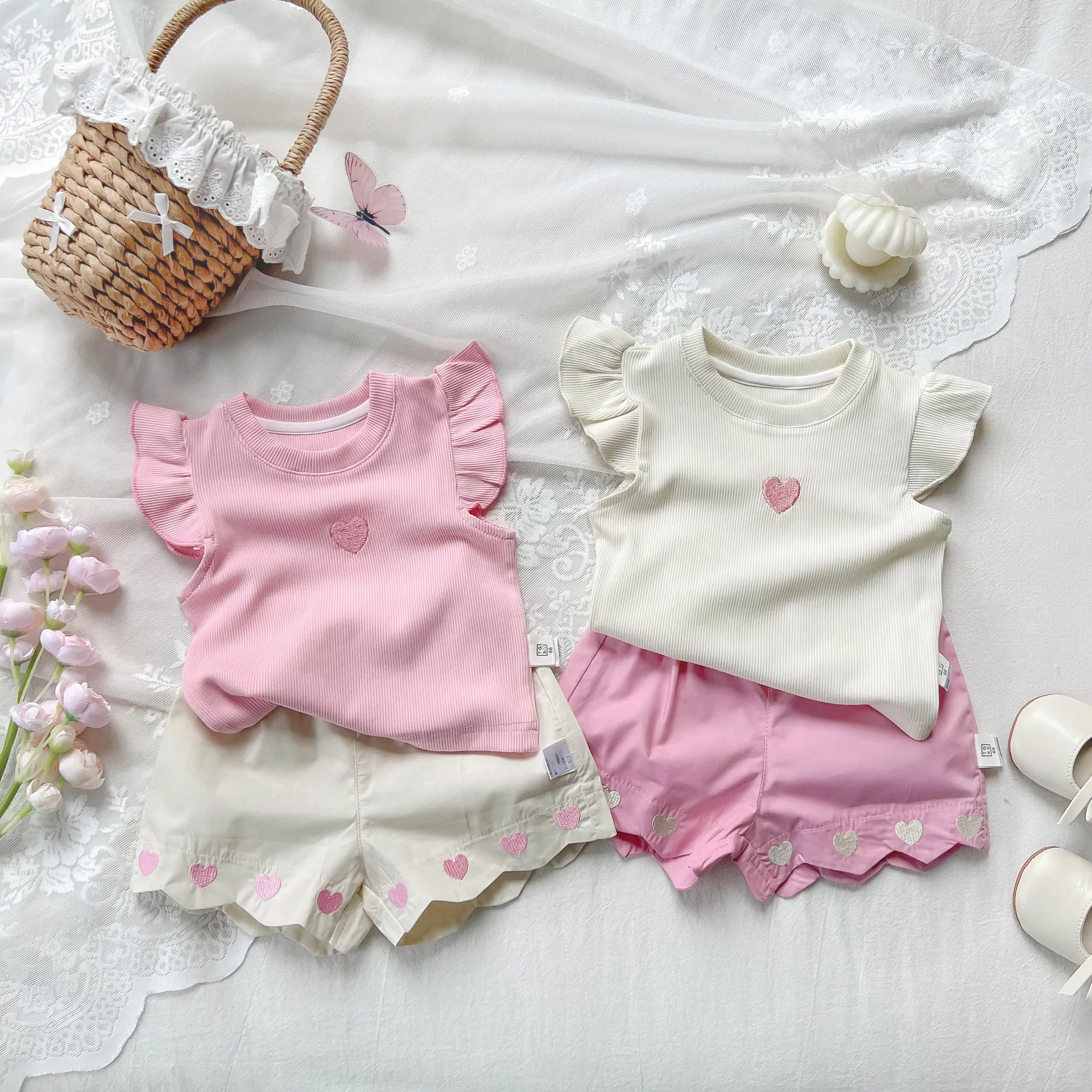 Baby Girls' Summer Sweet Set, Camiseta e Shorts sem mangas, Elegante, Princesa, Doce, Novo, Conjunto de 2 peças, 2024