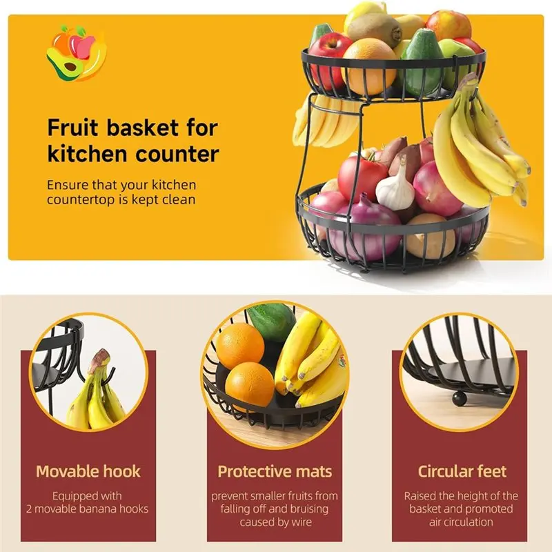 ABKP-Fruit Bowl With 2 Bananas Hangers-2 Tier Large Sturdy Metal Wire Baskets For Kitchen Counter Countertop Storage Bread& Onio