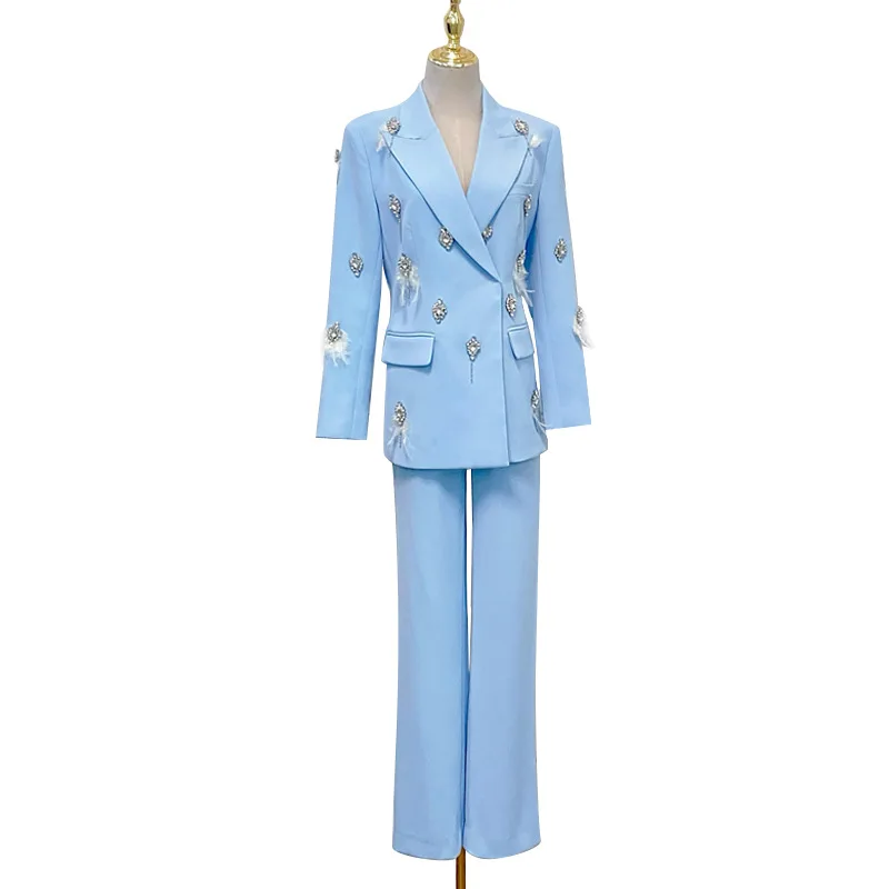 Fashion Elegant Solid Color Pant Suit Lady 2024 Spring and Autumn New Rhinestone Feather Bootcut Pants Women Suits Office Sets