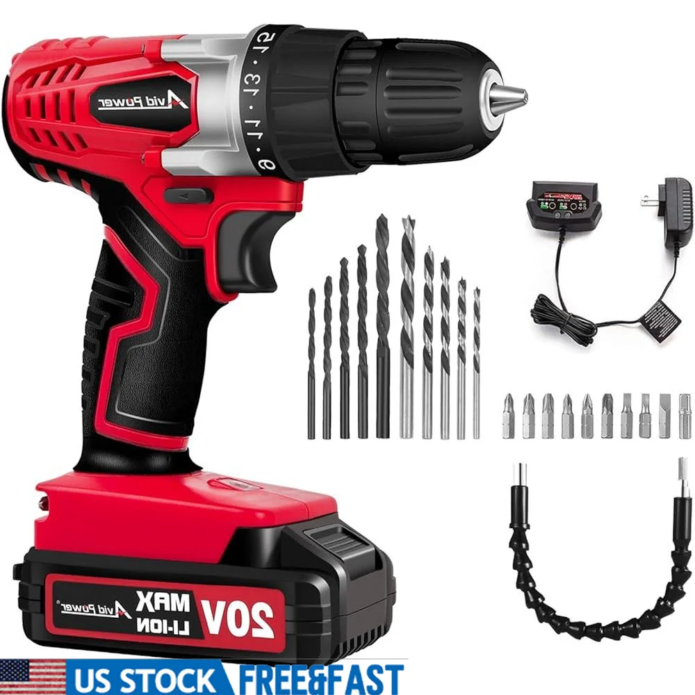 

20V MAX Lithium Ion Cordless Drill Set with Battery Charger 3/8 Inch Keyless Chuck 15 Torque Settings LED Light Flexible Shaft
