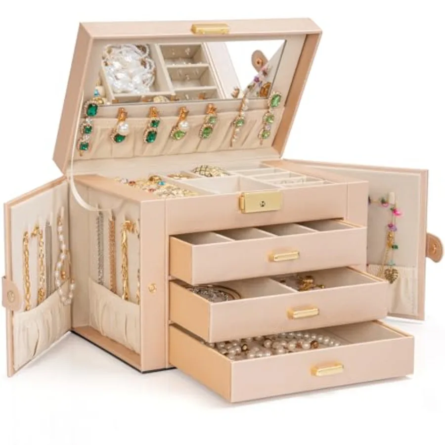 

Большая 4-уровневая шкатулка для драгоценностей, кожаный органайзер для хранения ювелирных изделий с 3 ящиками, запираемыми для женщин и девочек, кольцо, ожерелье, серьги, браслет