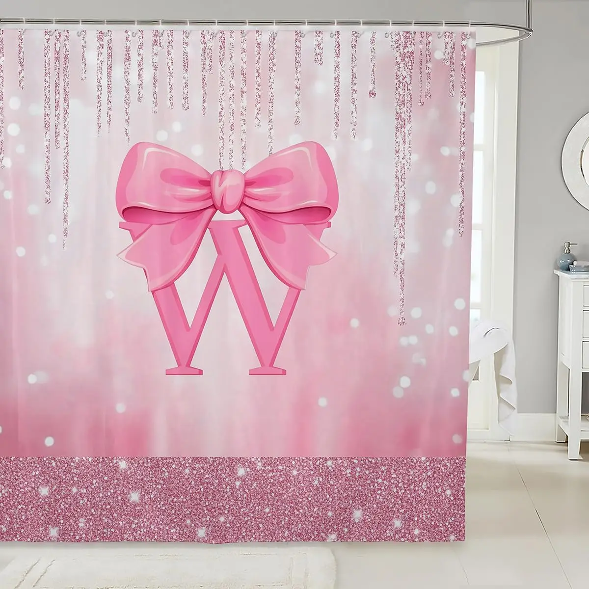 

Розовая занавеска для душа с бантом и буквой W, блестящая, с персонализированной монограммой, декор для ванной комнаты, элегантный женственный розовый дизайн