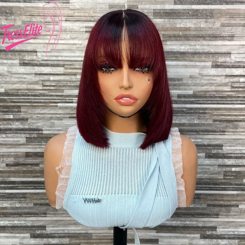 SDD 2x6 Lace Closure Layers Bob Bone Straight mit Pony 10 Zoll 1bt99j # Echthaar-Perücke Brasilianisches Jungfrauenhaar Remy 180% Dichte für Frauen