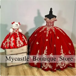 Luxury Red 3D Flower Quinceanera Dresses Ball Gown 2024 Off Shoulder Gold Appliques Sweet 15 Dress Corset Vestidos De 15 Años