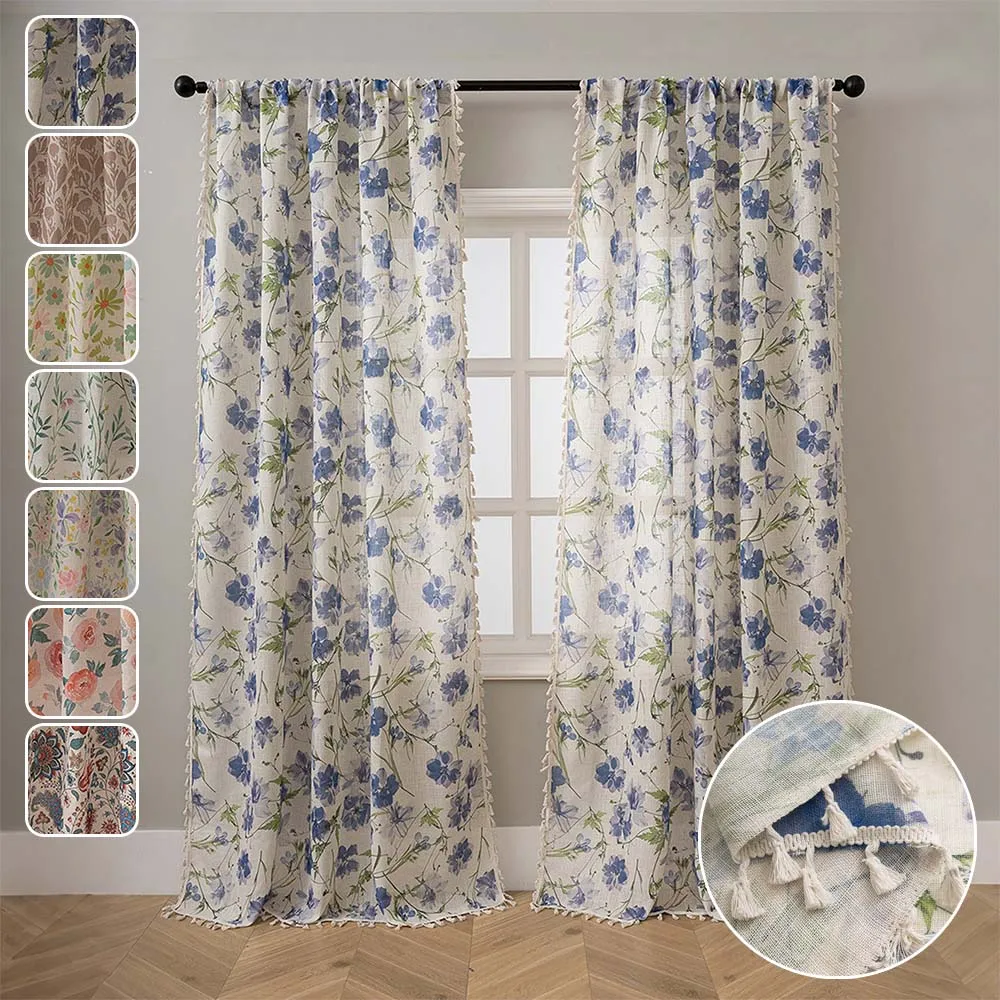 1/2PCS Vintage Floral Linen Sheer Curtains Farmhouse Privacy Window Drapes Rod Pocket Curtains for Bedroom Living Room Gordijnen