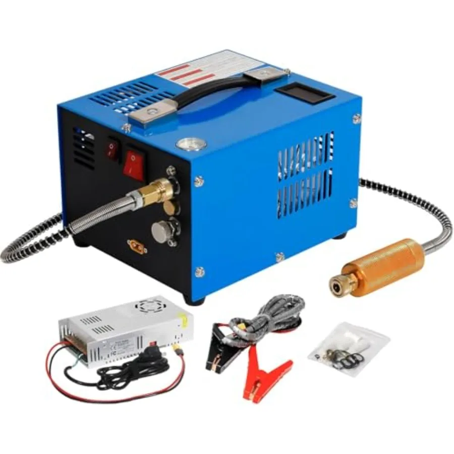 

Воздушный компрессор PCP 4500 фунтов на кв. дюйм / 30 МПа, безводный/безмасляный, 12 В постоянного тока, 110 В переменного тока, насос для пневматического оружия PCP со встроенным преобразователем питания и вентилятором, синий, для покраски